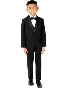 NWT Spring Notion Boys' Classic Black Tuxedo Suit w/Satin Lapel 5 pc Set Boys 7